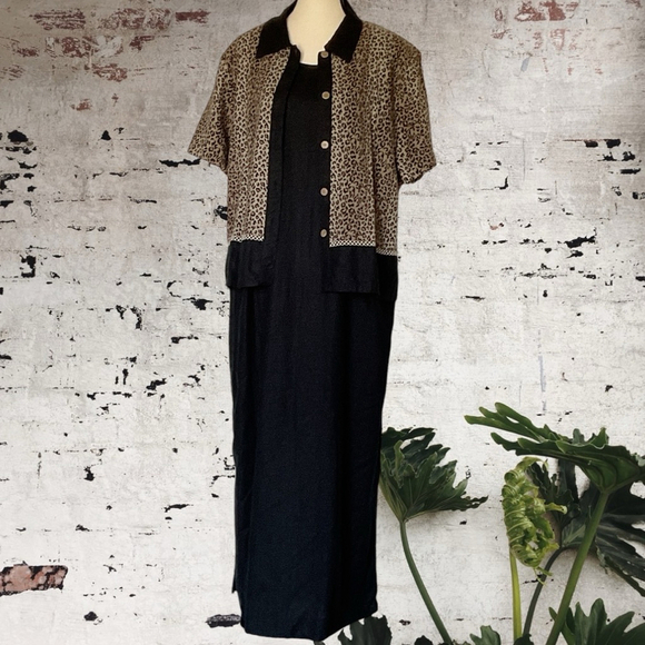 Studio Ease VINTAGE linen blend 2 PC maxi Dress & Black leopard print Jacket 16W - Picture 2 of 14